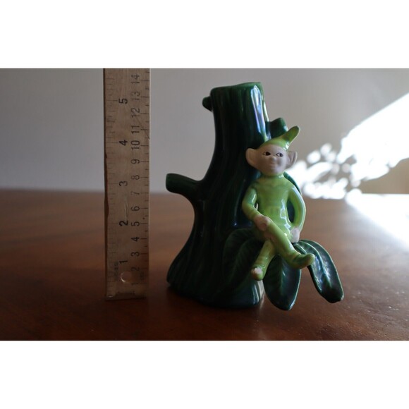 BROKEN Treasure Craft Vase Green Pixie Elf Sprite on Tree Vintage 1960s 5.7" - Picture 14 of 14